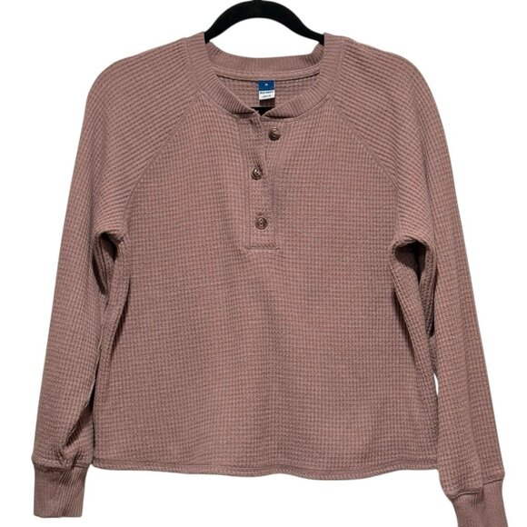 Old Navy Mushroom Brown Henley Thermal Waffle Cropped Shirt Womens Medium - Picture 4 of 11